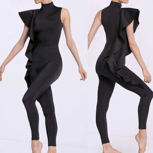 WEISSMAN Dance Costume black asymmetrical ruffl jumpsuit My Little Love 14436 SA